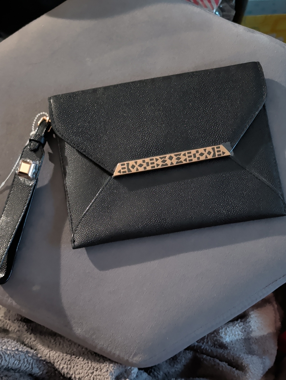 Stella And Dot Black Envelope Clutch Wristlet with Gold Accents